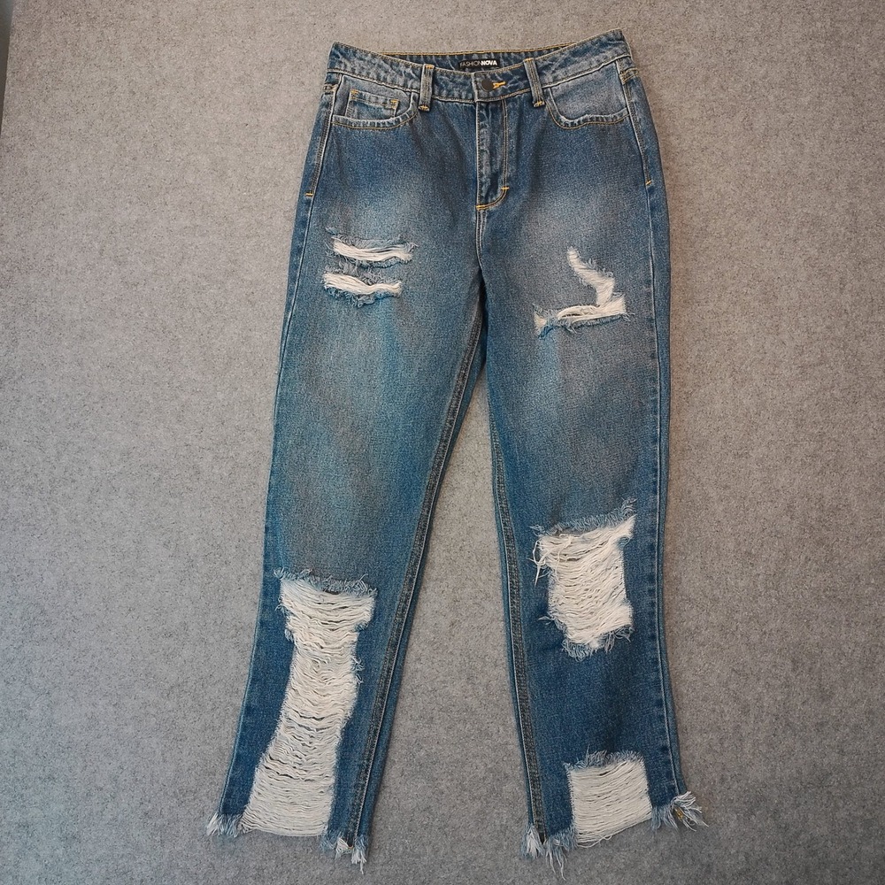 Fashion Nova High Waisted Distressed Straight Leg Jeans Blue Denim Frayed Hem